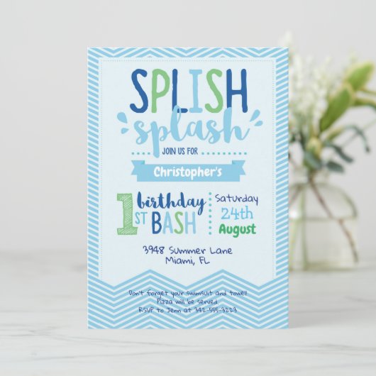Splish Splash Pool Party 1st Birthday Uitnodiging (Staand voorkant)