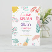 Splish Splash Pool Party Bash Meisje Roze Verjaard Kaart (Staand voorkant)
