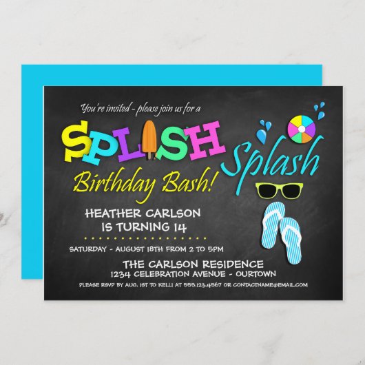 Splish Splash Pool Party Birthday Invitations Kaart (Voorkant / Achterkant)