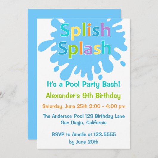 Splish Splash Pool Party Boy Birthday Uitnodiging (Voorkant / Achterkant)