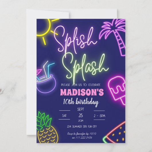 Splish Splash Pool Party Glow Neon Verjaardag Kaart (Voorkant)