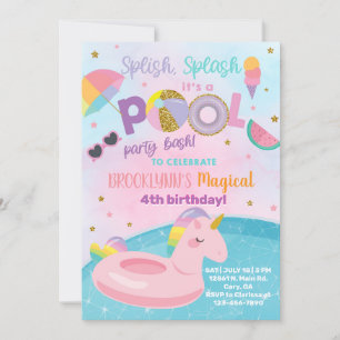 Splish splash pool party verjaardagsfeest, eenhoor kaart
