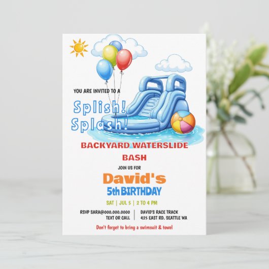 Splish Splash Pool Party Waterslide Verjaardag Kaart (Staand voorkant)