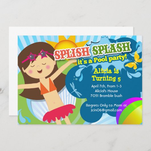 Splish Splash poolpartij verjaardagsfeest uitnodig Kaart (Voorkant / Achterkant)