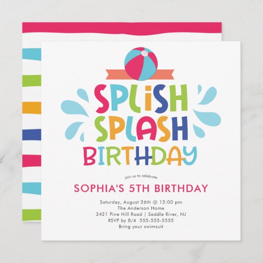 Splish Splash Summer Pool Birthday Invitation Kaart (Voorkant / Achterkant)