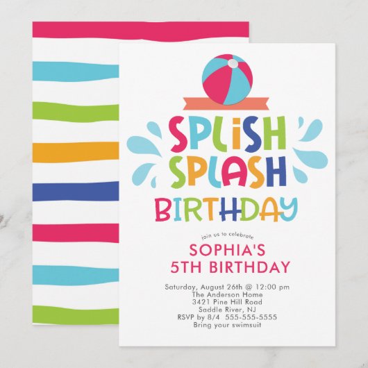 Splish Splash Summer Pool Birthday Invitation Kaart (Voorkant / Achterkant)