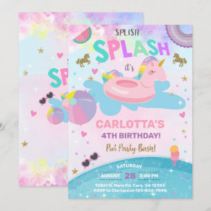 Splish splash unicorn poolparty estivals op uitnod kaart