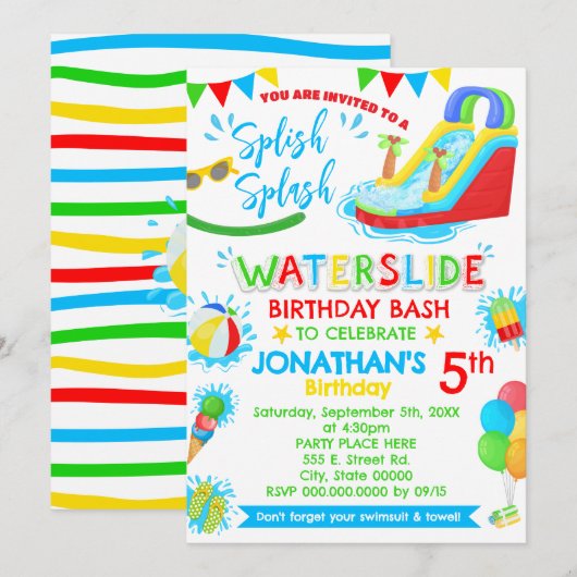Splish Splash Waterslide Verjaardag Primaire kleur Kaart (Voorkant / Achterkant)