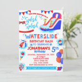 Splish Splash Waterslide Verjaardag Rood Wit Blauw Kaart (Staand voorkant)