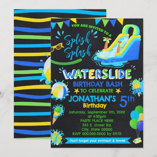 Splish Splash Waterslide Verjaardagsfeestje Blauw Kaart (Voorkant / Achterkant)
