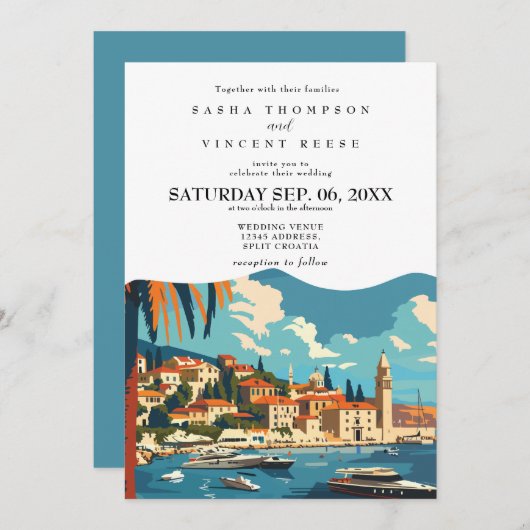 Split Croatia Wedding Invitation Retro (Devant / Derrière)