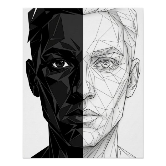Split Face Low Poly Geometric Line Art Poster Perfect Poster (Voorkant)