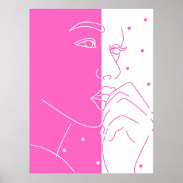 Split Gezicht Roze en Witte Polka Dot Line Art Poster