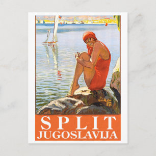 Split, Joegoslavië, meisje op de rots door het zee Briefkaart