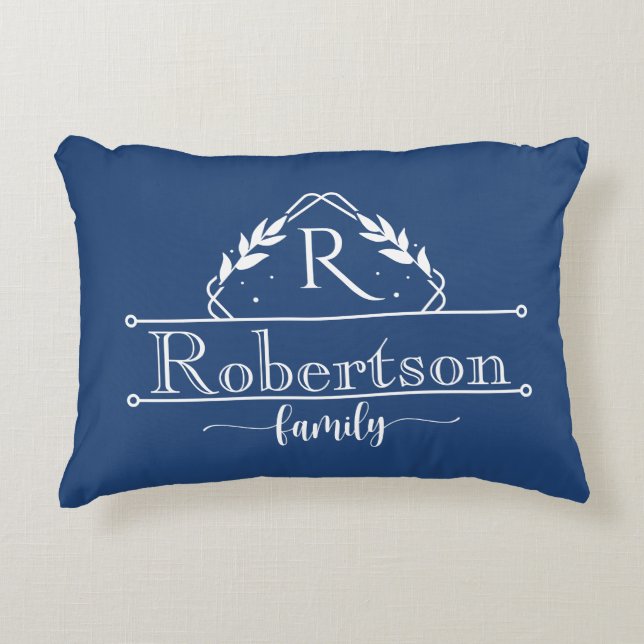 Split Monogram Family Name Midnight Blue Frame Accent Kussen (Voorkant)