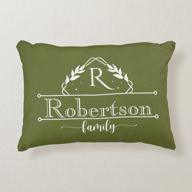 Split Monogram Family Name Olive Green Frame Accent Kussen (Voorkant)