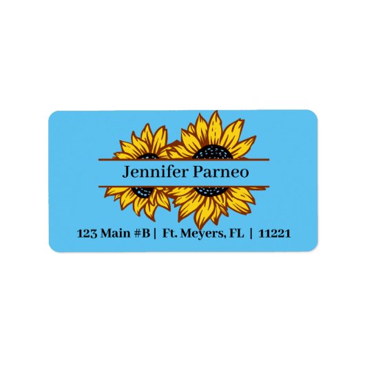Split Zonnebloemen op Blauwe Adresetiketten Etiket (Voorkant)