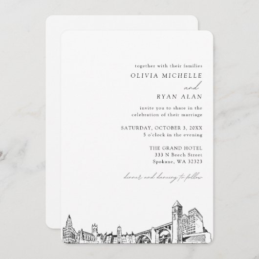Spokane bruiloft elegante skyline uitnodiging (Voorkant / Achterkant)