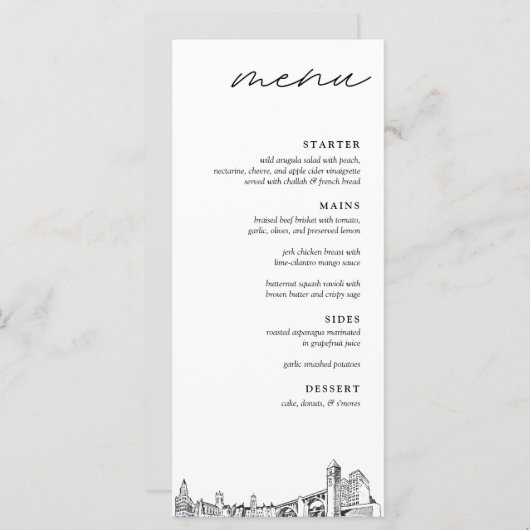 Spokane Skyline Menu Dîner Mariage moderne (Devant / Derrière)