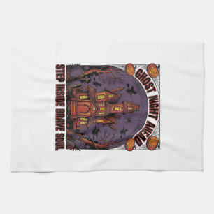 Spoken Huis Halloween Vintage Gravure Ontwerp_1 Theedoek