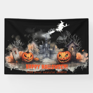 Spoken huis pompoen heks zwart spandoek
