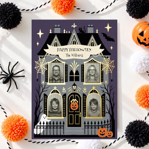 Spokenhuis gezinsfoto Halloween Folie Feestdagenkaart