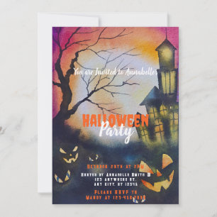 Spokenhuis Volle Maan Zonsondergang Halloween Fees Kaart