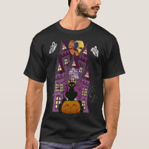 Spokenhuis zwarte kat heks spook vleermuis engelen t-shirt