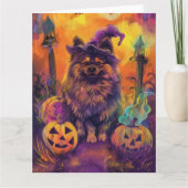 Spokige Keeshond Hond Halloween Heks en Pompoen Kaart (Voorkant)