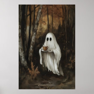 Spook die koffie drinkt in herfst bos print, Spook Poster