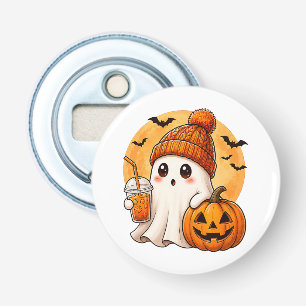 Spook drinkt ijskoffie met pompoen Halloween Button Flesopener