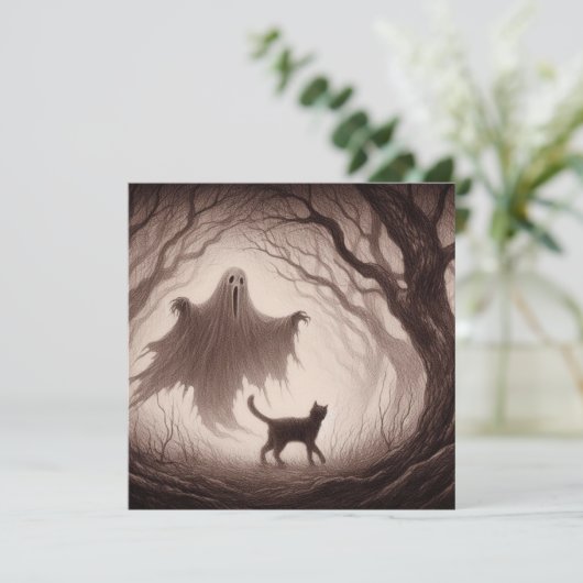 Spook en Kat in Tekening van Griezelfilm Bos Kaart (Staand voorkant)