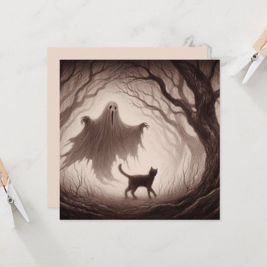 Spook en Kat in Tekening van Griezelfilm Bos Kaart (Voorkant / Achterkant in situ)