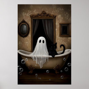 Spook en zwarte kat neemt een badkuip afdruk, donk poster