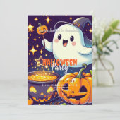 Spook, Ketel, Pompoen, Sterren Halloween Party Kaart (Staand voorkant)