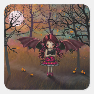 Spook Kleine Halloween Vampier en Kat Fantasie Kun Vierkante Sticker