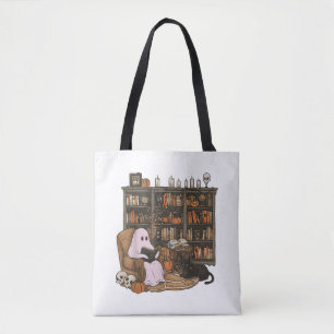 Spook leest boek Kattenliefhebber Halloween Draagtas
