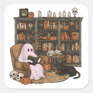 Spook leest boek Kattenliefhebber Halloween Vierkante Sticker