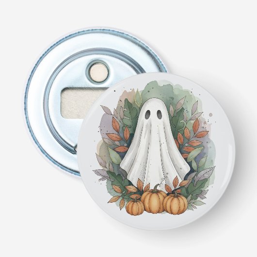 Spook met pompoenen en herfstbladeren button flesopener (Voorkant)