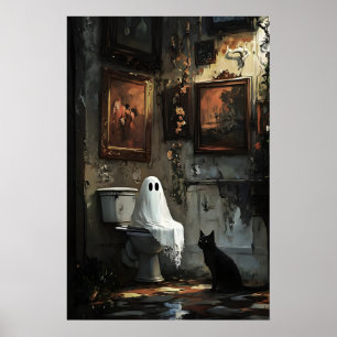 Spook met zwarte kat op toiletprint, donker poster