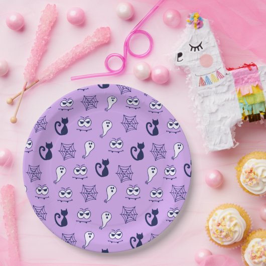 Spook, spinnenwebben en zwarte katten Paarse Papieren Bordje (Feest)