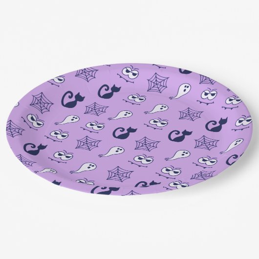 Spook, spinnenwebben en zwarte katten Paarse Papieren Bordje (Gekanteld)