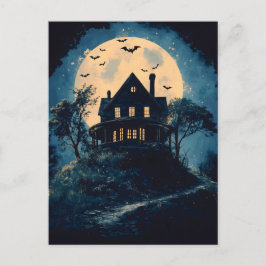 Spookachtig huis op een heuvel, Halloween concept Briefkaart