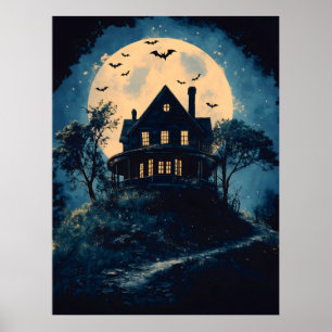 Spookachtig huis op een heuvel, Halloween concept Poster