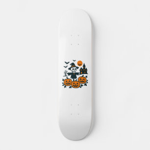 Spookachtig skelet vogelverschrikker en spookhuis skateboard