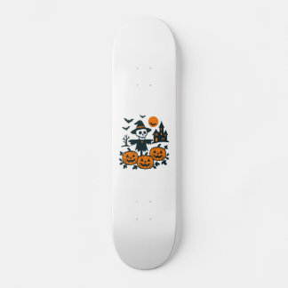 Spookachtig skelet vogelverschrikker en spookhuis skateboard
