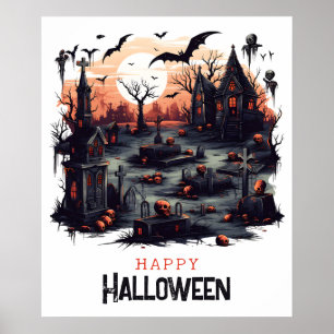 Spookachtige begraafplaats, pompoen schedels en vl poster