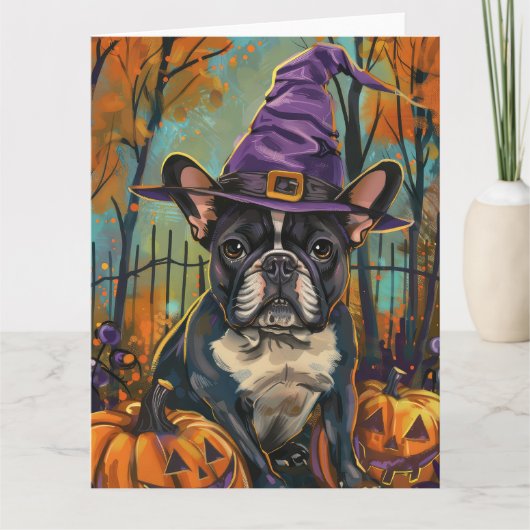 Spookachtige Franse Bulldog Halloween Hekst en Pom Kaart (Voorkant)