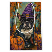 Spookachtige Franse Bulldog Halloween Hekst en Pom Medium Cadeauzakje (Voorkant)