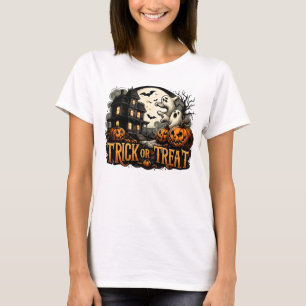 Spookachtige Halloween-avond met geesten en pompoe T-shirt